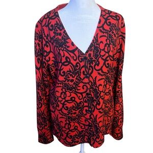 Sag Harbor Women Cardigan Red Knit L Buttons Long Sleeve Acrylic Floral Sweater